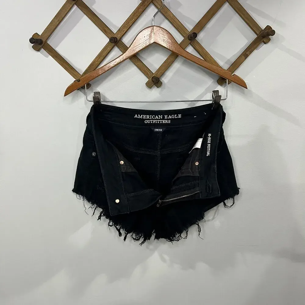 American Eagle Mom Shorts SZ 8 Denim Distressed Black Jean High Rise Stretch